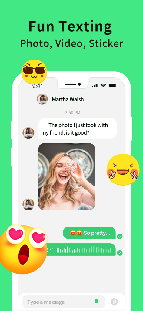 BuzzNow app screen showing multimedia texting with photos voice messages and emojis