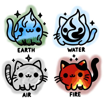 4 cats that represent the different elements, earth, water, air, and fire