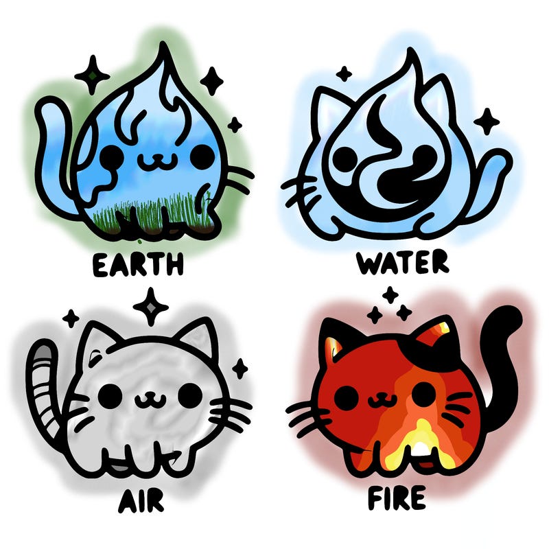 4 cats that represent the different elements, earth, water, air, and fire