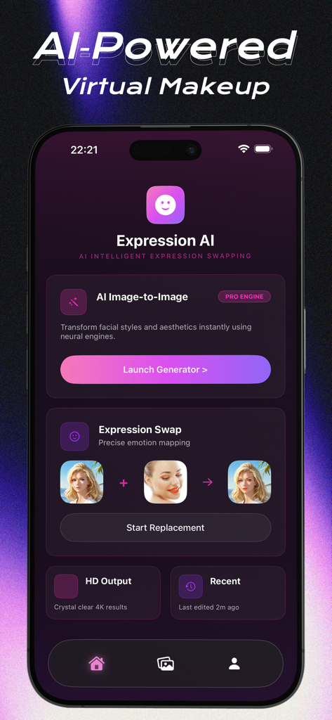 Interface de smartphone affichant le maquillage virtuel MagsMake AI et les fonctionnalités d'échange d'expressions
