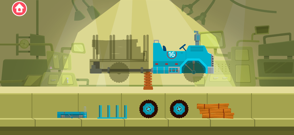 Un camion jouet bleu en cours d'assemblage dans une usine au sein de l'application Truck Driver.