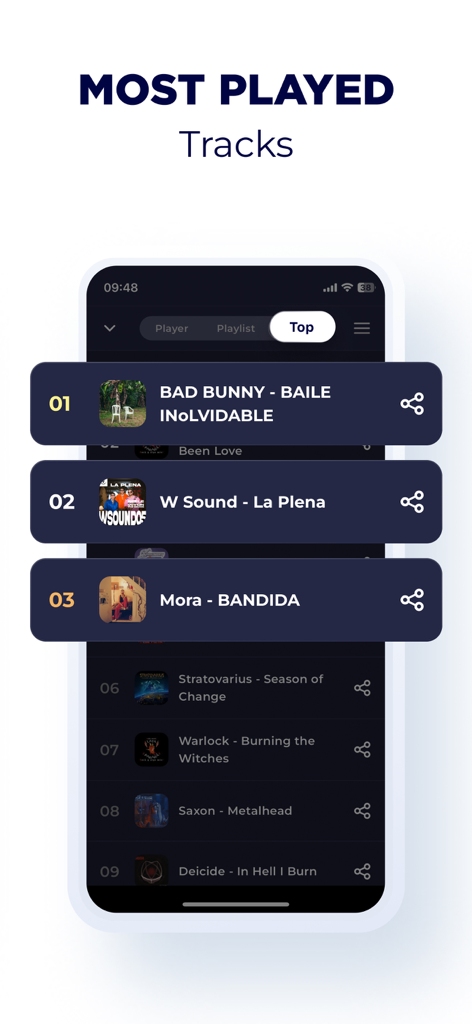 Radio Paraguay - Live FM & AM - A list of most played tracks on the Radio Paraguay app showing artists like Bad Bunny and Mora.