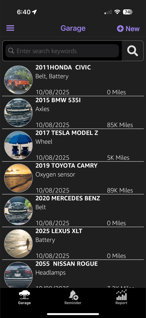 Vehicle Maintenance Tracker - Garage view of the Vehicle Maintenance Tracker app showing a list of cars with their specific maintenance needs and mileage