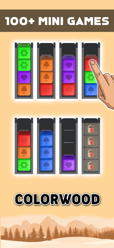 10000 Offline Games - No Wifi - Mano clasificando bloques de colores con símbolos de cartas en el minijuego Colorwood