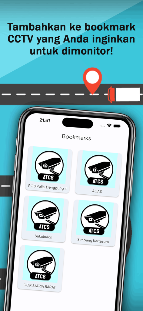 CCTV ATCS Indonesia Complete - Schermata dei segnalibri dell'app CCTV ATCS Indonesia che mostra le posizioni delle telecamere del traffico salvate.