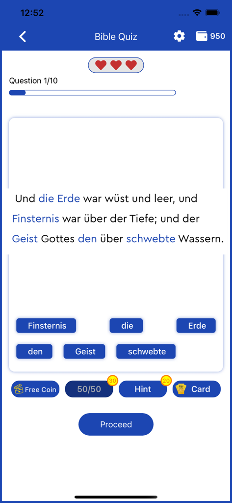 German Bible Trivia Game - 독일어 성경 퀴즈 앱의 게임 플레이 화면으로, 빈칸 채우기 단어 옵션이 있는 성경 구절이 표시됩니다.