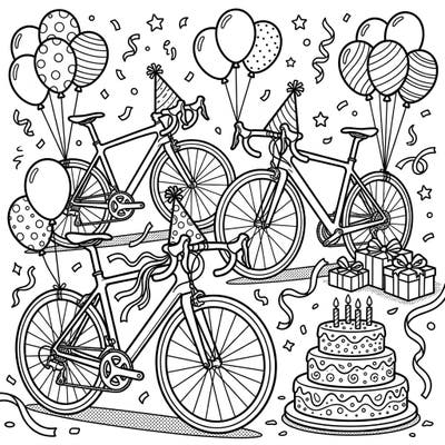Get ready to celebrate with this lively road bike birthday party coloring page! Featuring sleek bikes adorned with party hats amidst balloons, gifts, and cake, it's perfect for all ages.