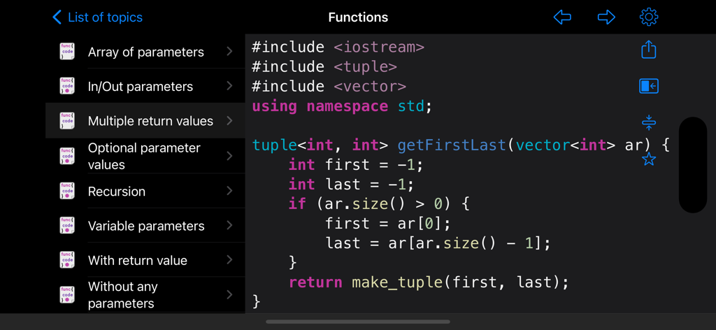 C++ Recipes - C plus plus Recipes app interface displaying a code example for a function with multiple return values