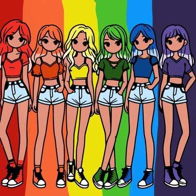 a group of girls wearing crop tops and shorts