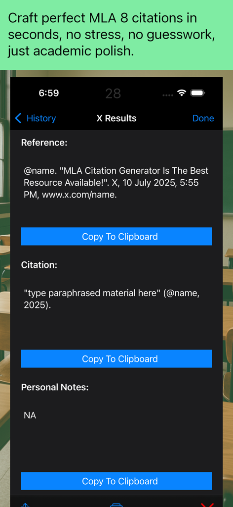 MLA Citation Generator app interface showing a formatted MLA 8 reference and citation for an X post