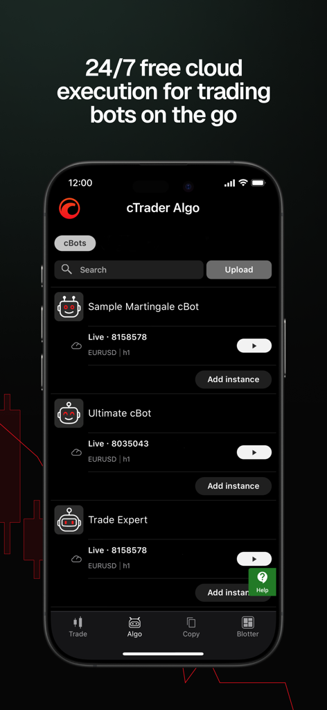 cTrader app interface for managing algorithmic trading bots with cloud execution