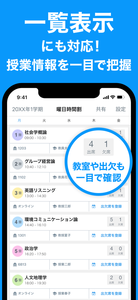モバイルアプリのインターフェース、出席記録付きのリスト形式で大学の授業スケジュールを表示