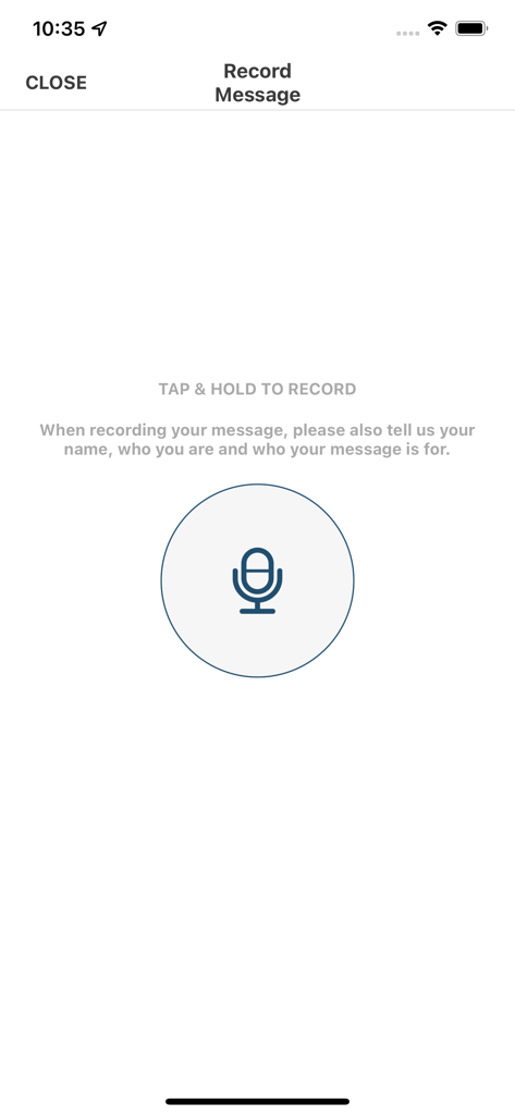 The record message screen of the BFBS Radio app featuring a microphone icon and recording instructions.