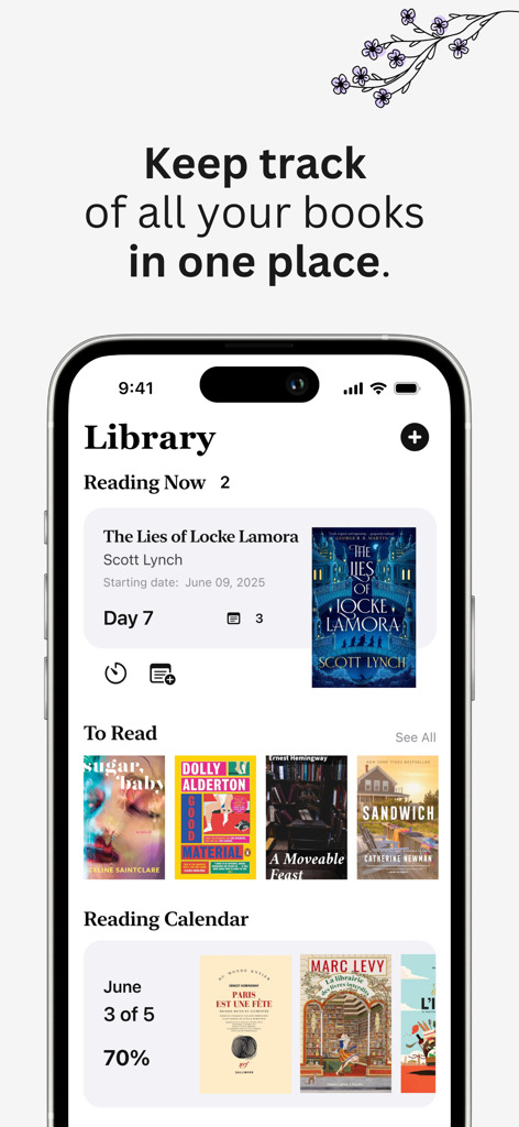 Capture d'écran iPhone de l'application BookMiles montrant la vue bibliothèque avec la liste des lectures en cours et le calendrier de lecture.