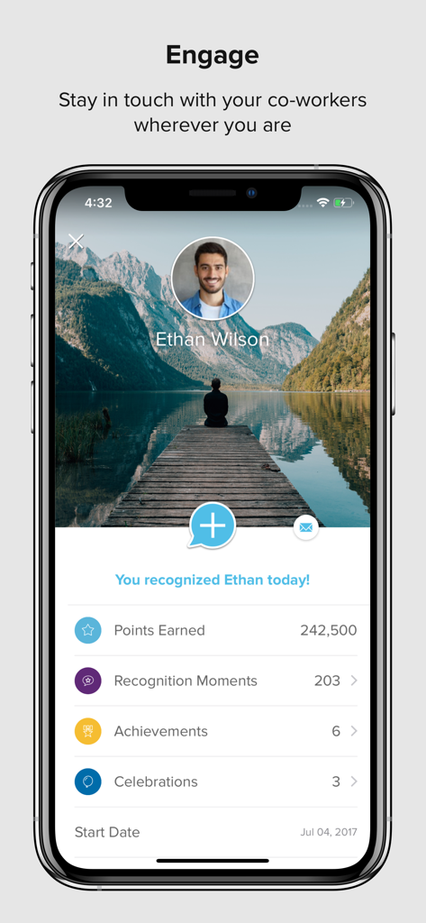Achievers mobile app interface showing a user profile with points earned and recognition history.
