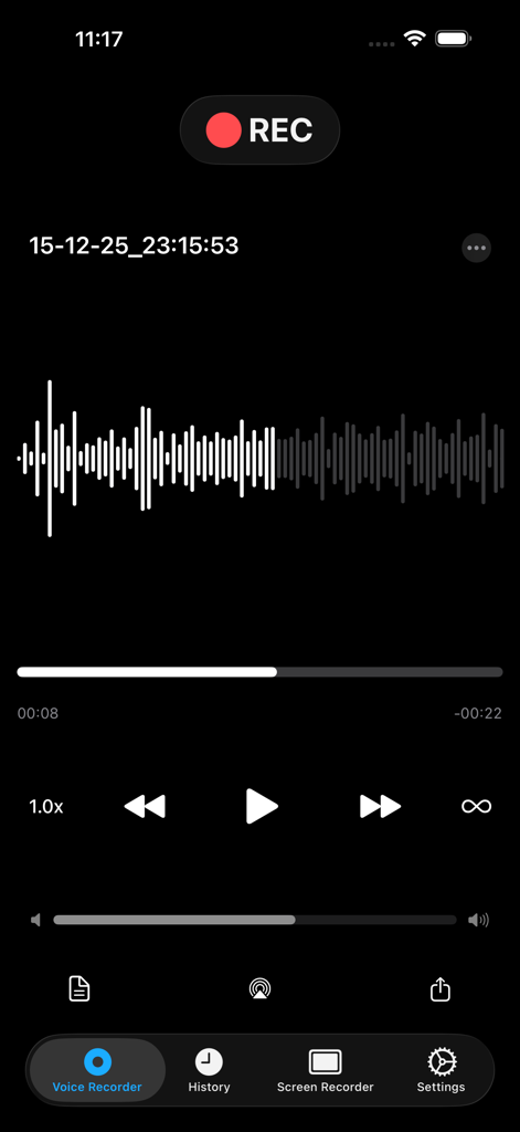 Voice Recorder, Voice Memos ™ - Interfaz de grabación de voz mostrando la onda de sonido y los controles de reproducción