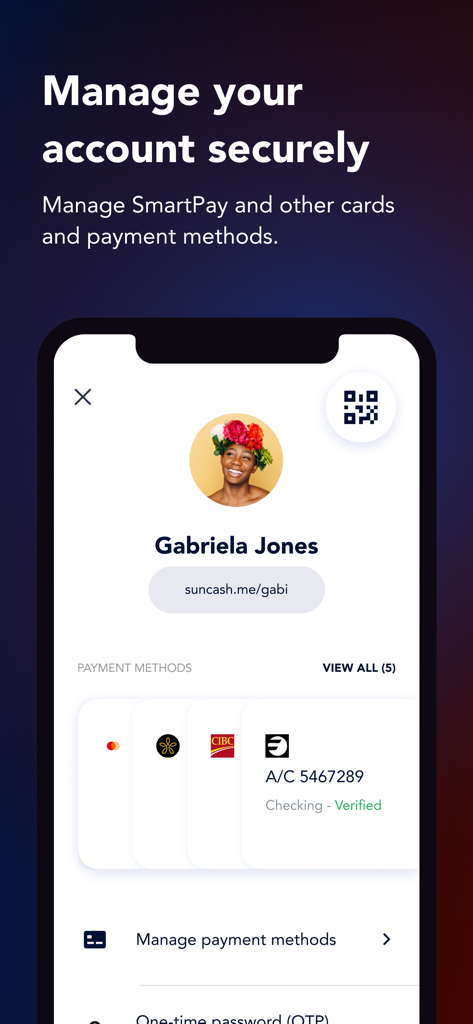 SunCash Bahamas - SunCash Bahamas app screen for managing secure account profiles and payment methods