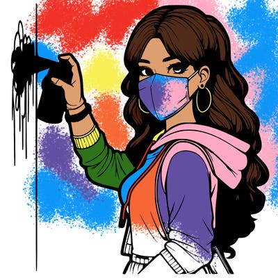 realistic girl with mask spray painting a wall