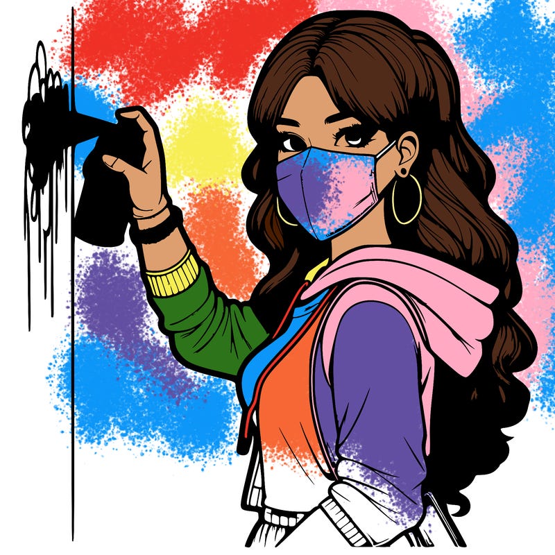 realistic girl with mask spray painting a wall