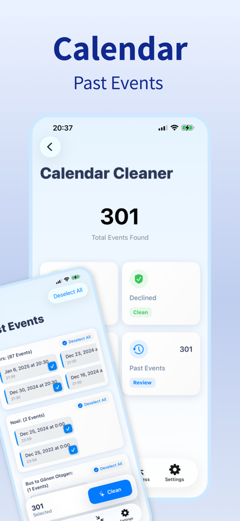 Cleaner AI: Clean Up Storage - Interfaz de la aplicación Cleaner AI para eliminar eventos antiguos del calendario y liberar espacio de almacenamiento del iPhone