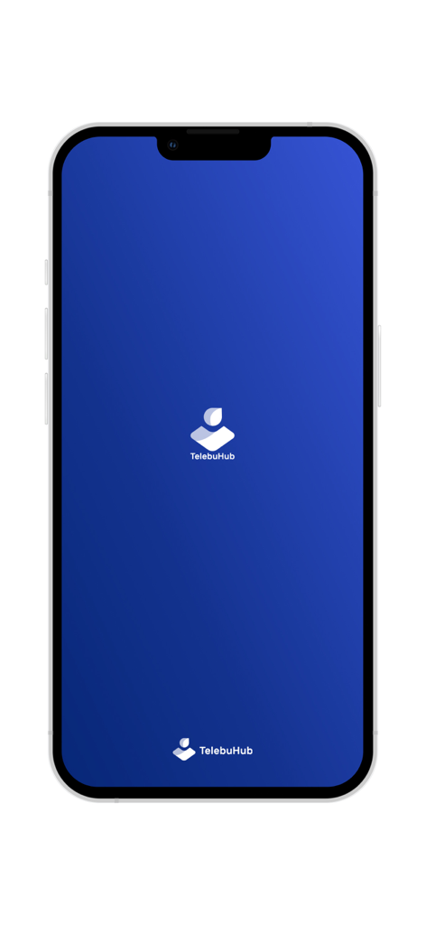 TelebuHub - TelebuHub mobile app splash screen with logo on a blue background displayed on an iPhone