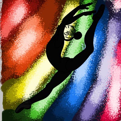 gymnast doing a leap in a leotard with a bent back leg