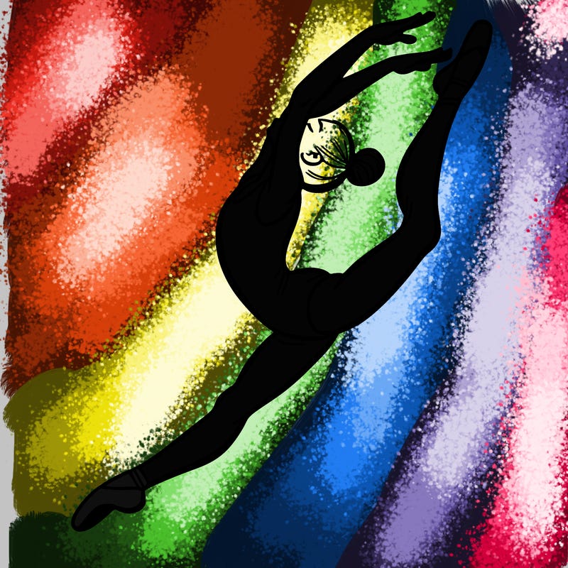 gymnast doing a leap in a leotard with a bent back leg