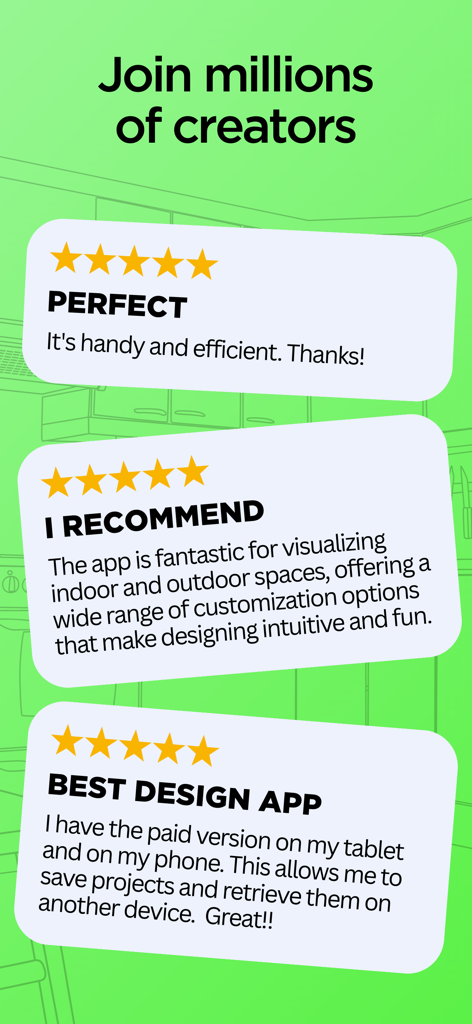 Avaliações e depoimentos de usuários de cinco estrelas para o aplicativo móvel Home Design 3D