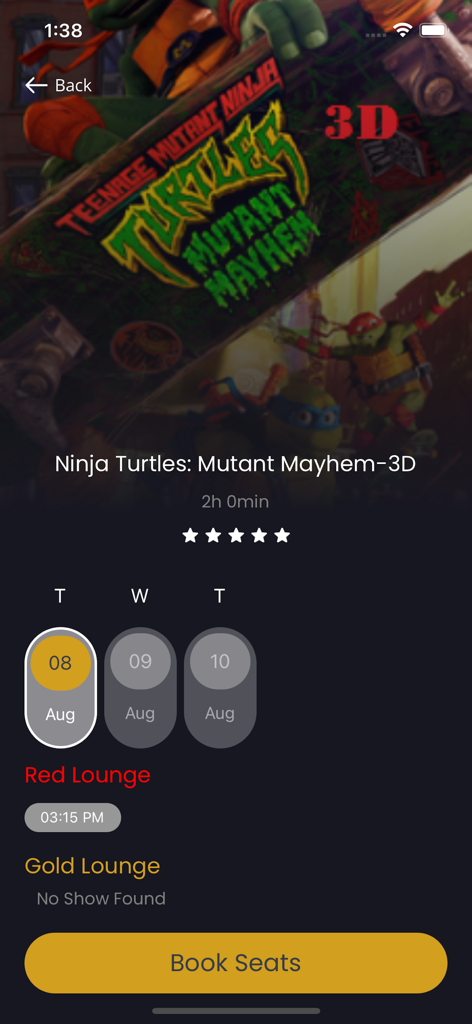 Raiha Cinegold Plex app movie booking screen for Ninja Turtles Mutant Mayhem