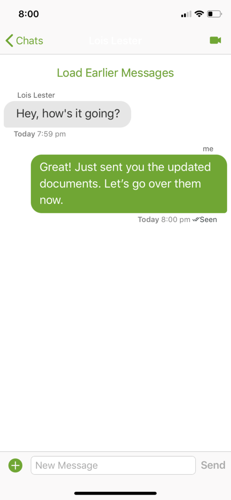 VSee Messenger - Secure chat interface in the VSee Messenger app showing a text conversation and a video call icon.