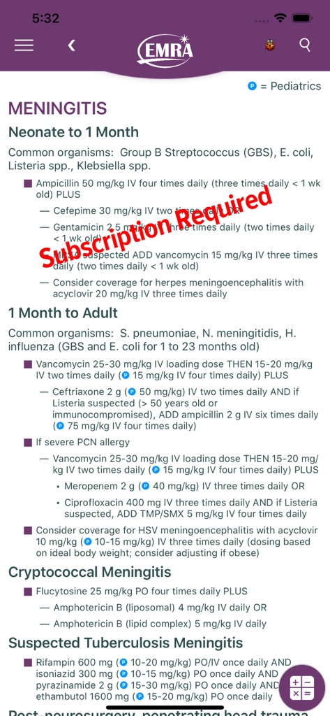 MobilEM - MobilEM app screen showing clinical guidelines and antibiotic dosages for meningitis treatment across different age groups.