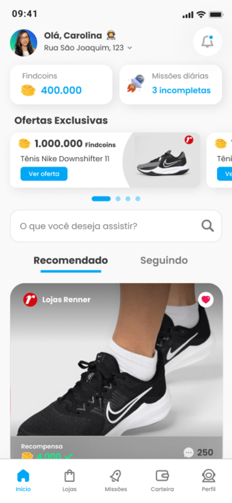 Findnow - Home screen of the Findnow super app showing user profile, findcoins rewards, and exclusive shopping deals.