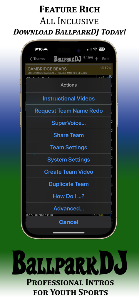 BallparkDJ app interface showing team actions and supervoice settings