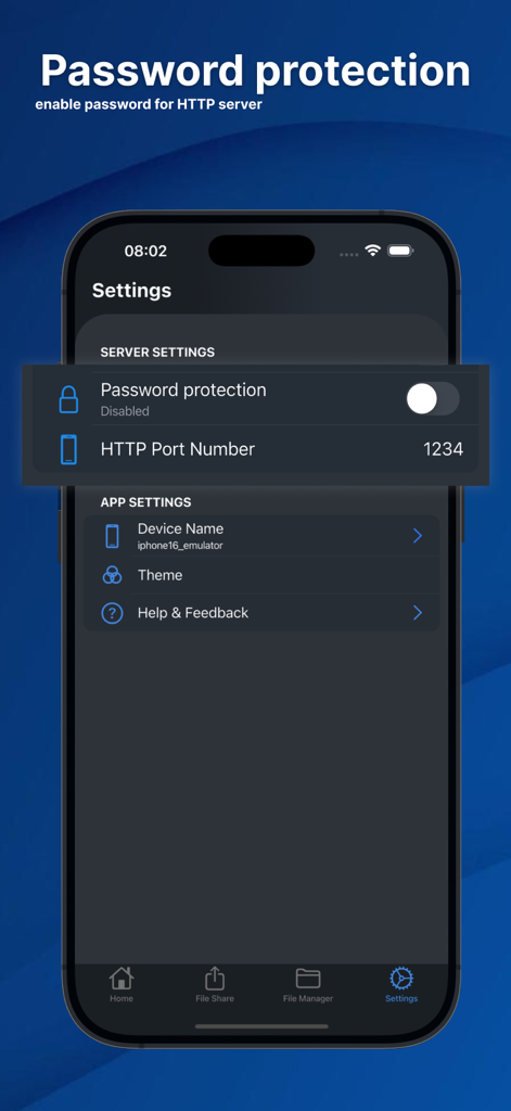 WiFi File Transfer: TECHPRD - Pantalla de configuración de la aplicación Transferencia de Archivos WiFi mostrando el interruptor de protección con contraseña y la configuración del servidor HTTP en un iPhone.