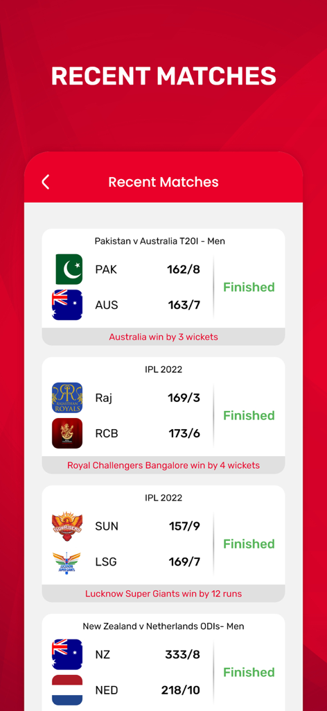 Dream Team 11 Live Cricket - Dream Team 11 모바일 앱에 표시된 최근 크리켓 경기 점수 및 결과