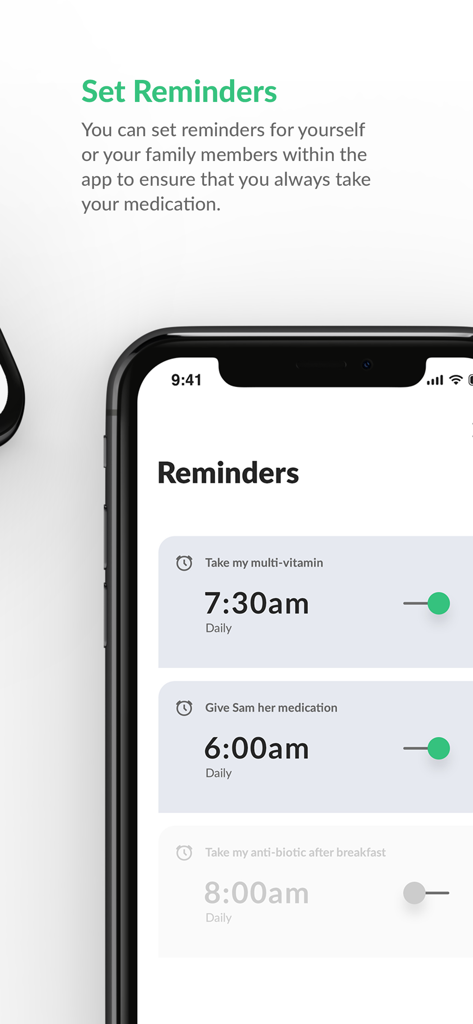 Dis-Chem app medication reminders screen showing daily schedule for vitamins and family prescriptions