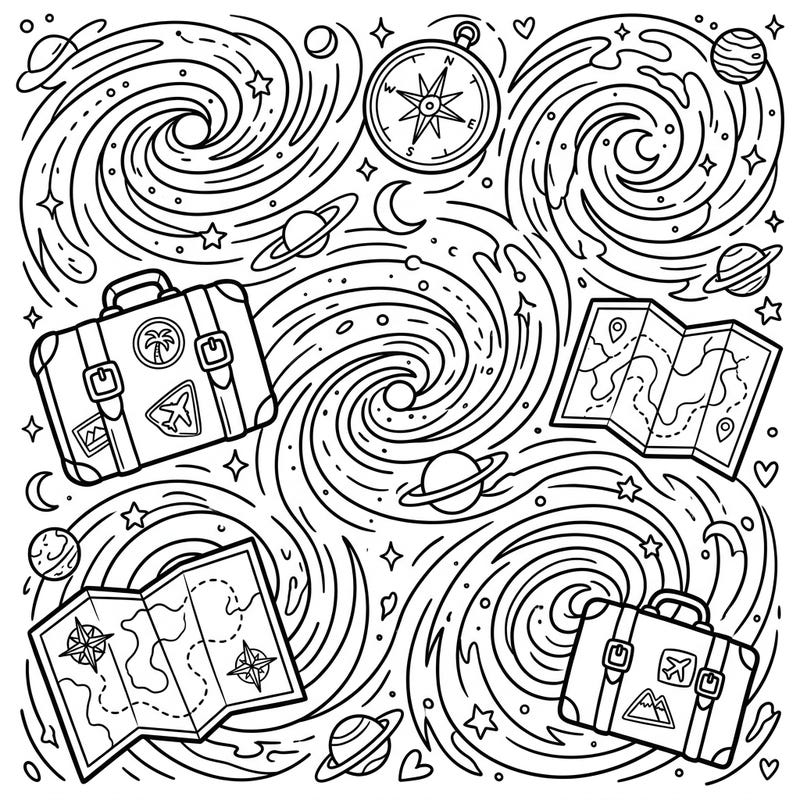 Blast off on a coloring journey with this unique page, blending mesmerizing cosmic spirals with exciting vacation motifs. Discover suitcases, maps, and celestial wonders ready for your creative touch.