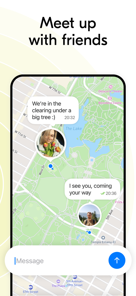 Teem app map interface showing real time location and messages between friends