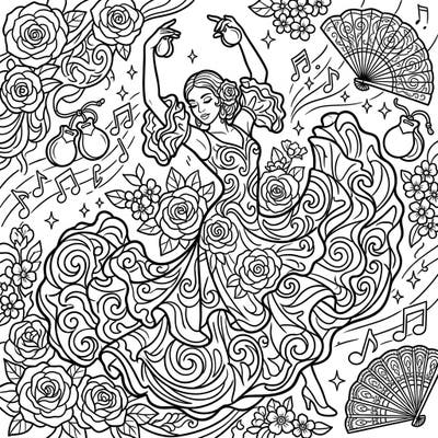 Capture the fiery spirit of Carmen with this stunning coloring page, showcasing a graceful ballet dancer amidst a swirl of roses and Spanish-inspired details. Perfect for coloring enthusiasts who adore dramatic flair and intricate designs.