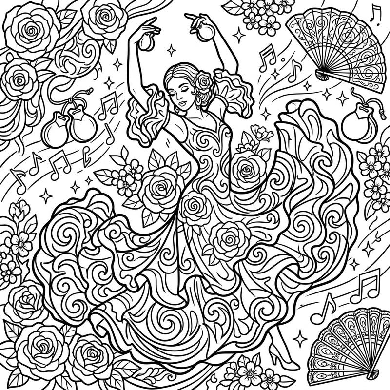 Capture the fiery spirit of Carmen with this stunning coloring page, showcasing a graceful ballet dancer amidst a swirl of roses and Spanish-inspired details. Perfect for coloring enthusiasts who adore dramatic flair and intricate designs.