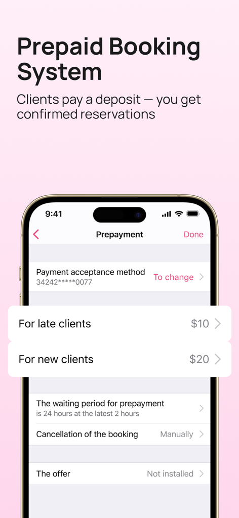 Écran de l'application Masters Pro montrant les paramètres de prépaiement pour les dépôts clients afin d'éviter les rendez-vous non honorés