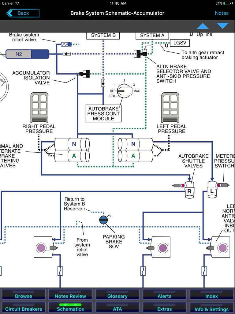 B737 Cockpit Companion - A detailed technical schematic of the Boeing 737 brake system accumulator within the B737 Cockpit Companion app.