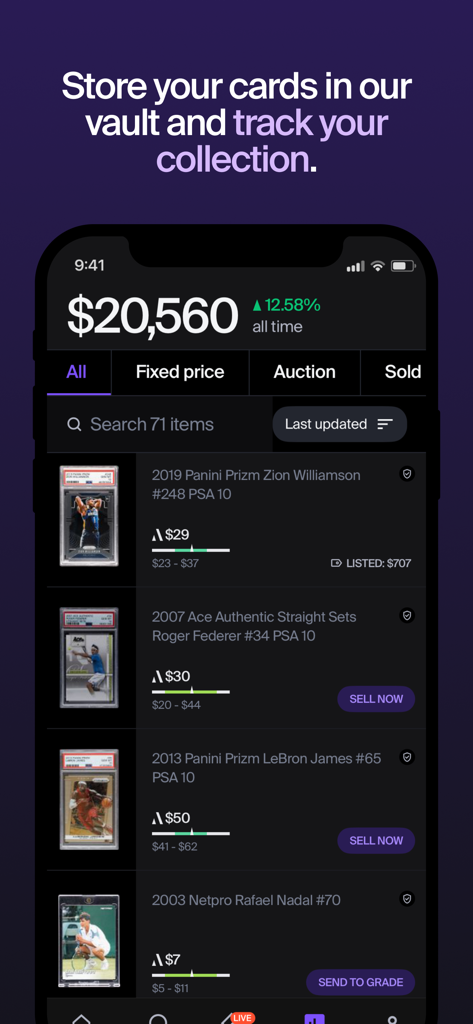 Alt app dashboard displaying a sports card portfolio value with real-time price tracking and collection management features.