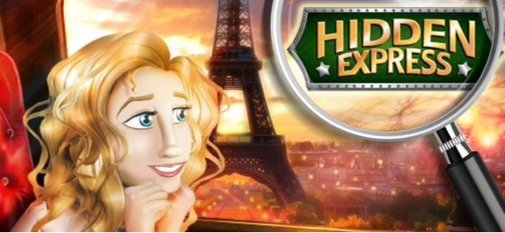 Hidden Express - A magnifying glass focusing on the Hidden Express game logo with a woman and the Eiffel Tower in the background.