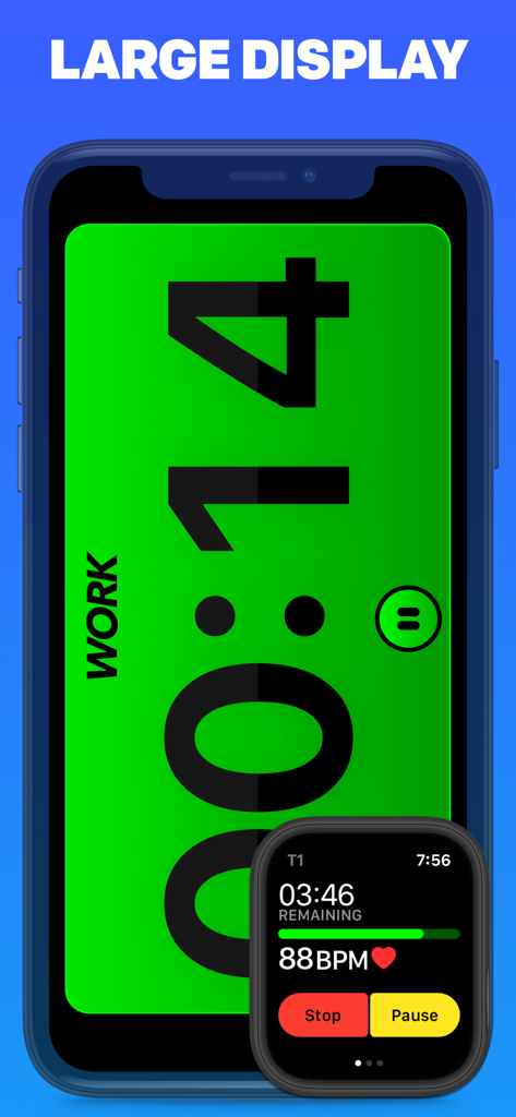 Tabata Pro workout app showing a large green interval timer on iPhone and heart rate monitoring on Apple Watch.