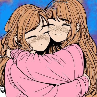 realistic two girls hugging