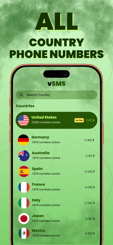 Un'interfaccia di un'app mobile che mostra un elenco di paesi come Stati Uniti, Germania e Australia con numeri di telefono virtuali disponibili per la verifica SMS.