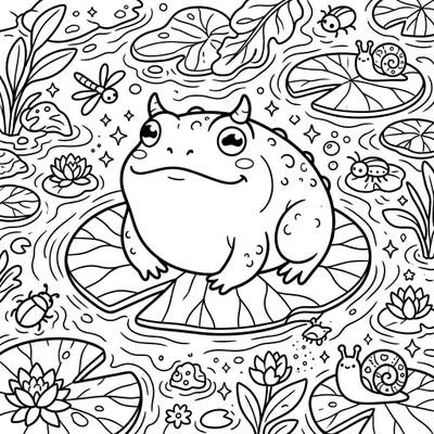 Discover the enchanting world of pond life with this adorable Kawaii Horned Frog coloring page. This delightful design features a super cute, plump horned frog surrounded by charming aquatic friends and plants, perfect for a relaxing creative session.