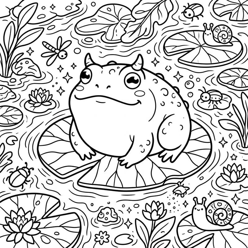 Discover the enchanting world of pond life with this adorable Kawaii Horned Frog coloring page. This delightful design features a super cute, plump horned frog surrounded by charming aquatic friends and plants, perfect for a relaxing creative session.