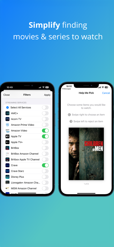 Binge List - Binge List app interface showing streaming service filters and the swiping feature to help users pick movies.